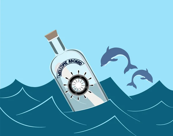 Sommar hav koncept illustration med vågor, Tom flaska och delfiner på bakgrunden. Vektor illustration. Platt design — Stock vektor