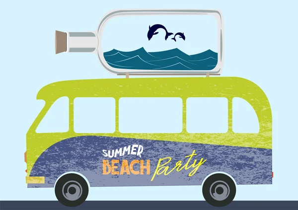 Summer beach party concept illustration with retro bus and bottle with sea design elements. Vector illustration. Flat design — Stock Vector