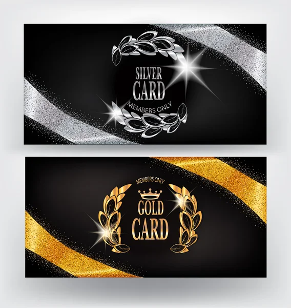 VIP-kaarten met goud en zilver sprankelende linten. Vector illustratie — Stockvector