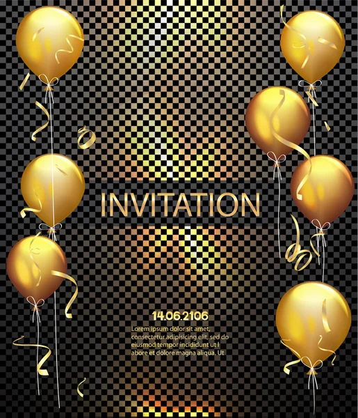 Carte d'invitation. Un fond de fête. Confettis volants brillants d'or et ballons à air. Illustration vectorielle — Image vectorielle