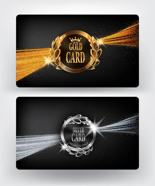 VIP-goud en zilver kaart met sprankelende linten. Vectorillustratie — Stockvector