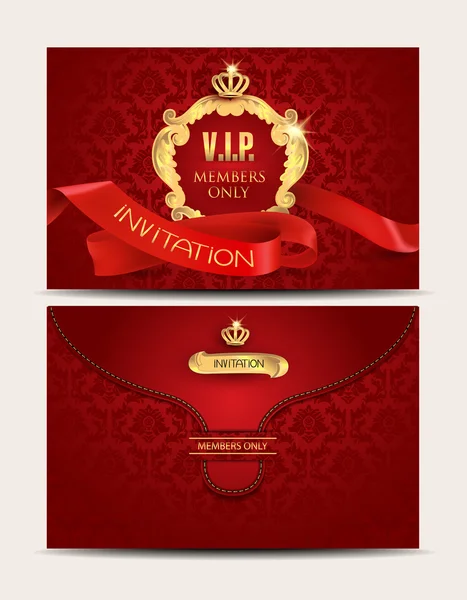 VIP elegáns vörös borítékok, piros hullámos szalag, arany Vintage design elemek. Vektoros illusztráció Stock Vektor