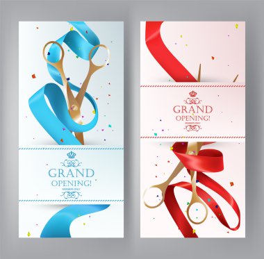 Kırmızı ve mavi şerit ve makas ile dikey afiş açılış bin dolar. Vektör çizim