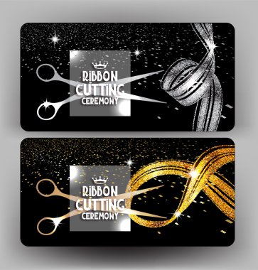 Kurdele töreni köpüklü uçan elemanları ile altın ve gümüş kart kesme. Vektör çizim