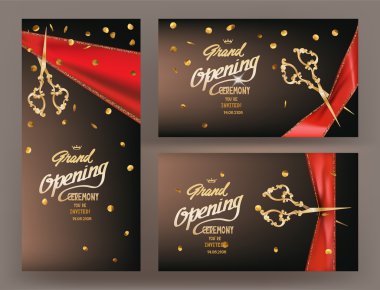 Büyük açılış töreni için altın konfeti ve Ipek kırmızı kurdele ile kart dizisini. Vektör çizim