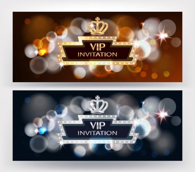 VIP yatay davetiye bokeh arka plan, taç ve retro çerçeve ile. Vektör çizim