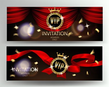 VIP davet afiş şeritler tiyatro perdeli ve konfeti. Vektör çizim