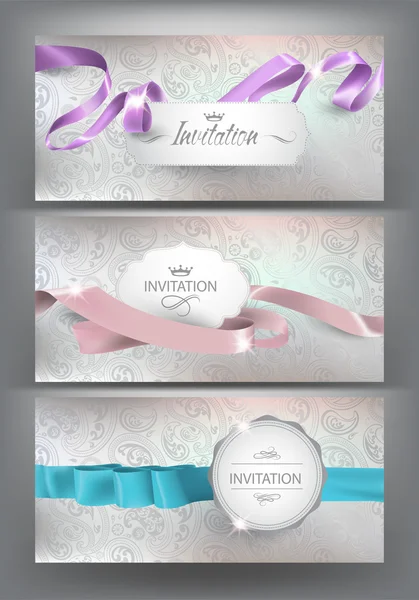 Belles cartes d'invitation avec rubans frisés en soie et décors floraux. Illustration vectorielle — Image vectorielle