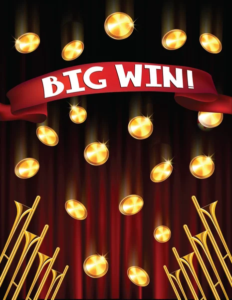 BIG WIN BANNER with THEATER CURTAINS AND FALLING Mince. VECTOROVÁ ILUSTRACE — Stockový vektor