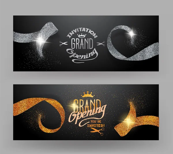 Grand opening banners with sparkling gold and silver ribbons — Stock Vector