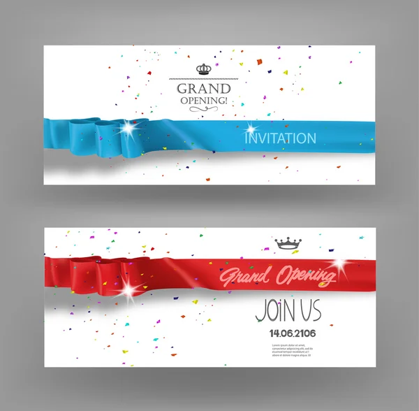 Grand opening cards with silk ribbons, confetti and scissors — Stock Vector