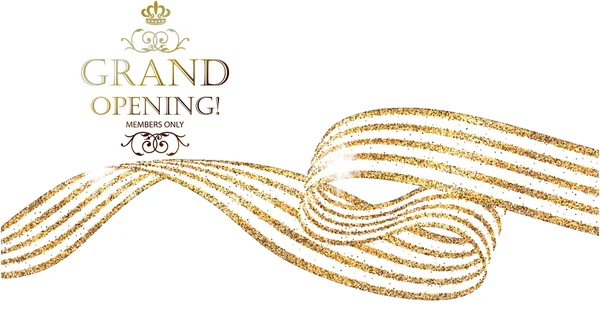 Bandiera orizzontale Grand Opening con nastro astratto scintillante oro. Illustrazione vettoriale — Vettoriale Stock