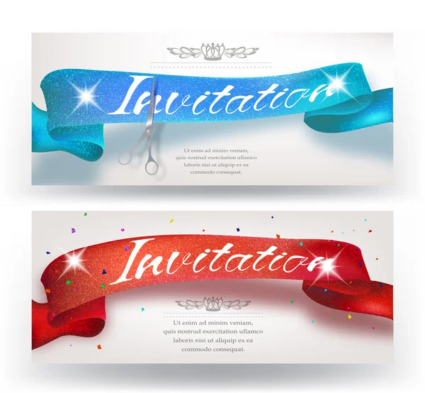 Grand Opening van verticale banners met sprankelende rode en blauwe lint en schaar. Vectorillustratie — Stockvector