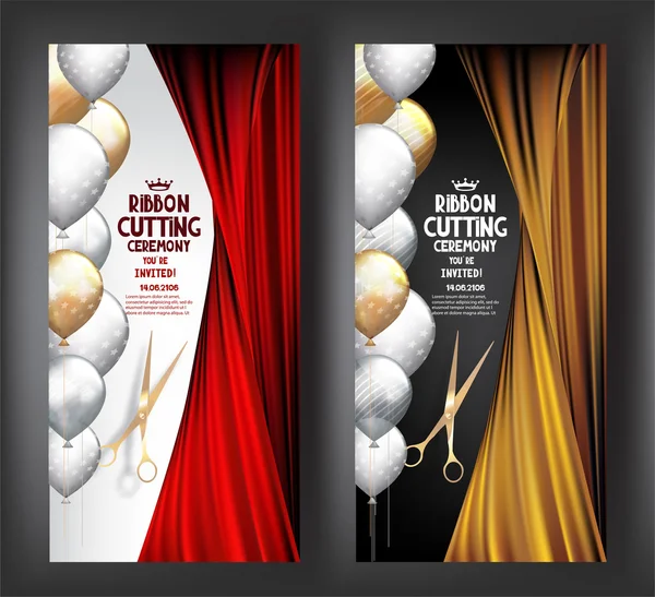 Grand Opening inbjudan Banners med teater gardiner, sax och Air ballonger. Vektorillustration — Stock vektor