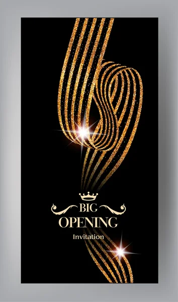 Grand opening Invitation card with gold abstract sparkling ribbons. Vector illustration — Stock Vector