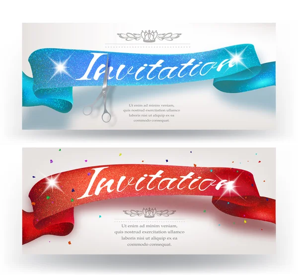 Grand Opening van horizontale banners met sprankelende rode en blauwe lint en schaar. Vectorillustratie — Stockvector