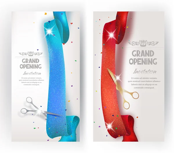 Grand Opening vertical banners with sparkling red and blue ribbon and scissors. Vector illustration — Stock Vector