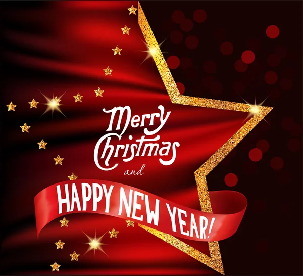 Feliz Navidad y año nuevo fondo con tela de seda roja y marco en forma de estrella de oro. Ilustración vectorial — Vector de stock