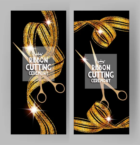 Ribbon cutting ceremony cards with gold striped ribbons. Modern design. Vector illustration — Stock Vector