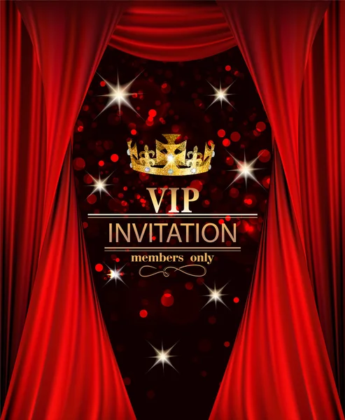 VIP INVITATION BANNER WITH RED THEATER CURTAINS AND GOLD CROWN. VECTOR ILLUSTRATION — Stock Vector
