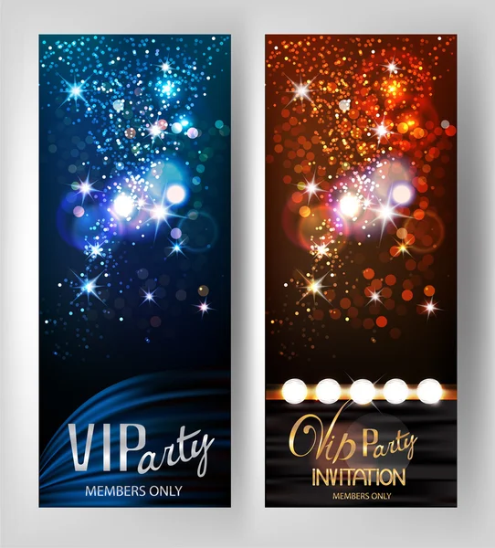 VIP party vertical invitation banners with theater curtains and spotlights on the background. Vector illustration — Stock Vector