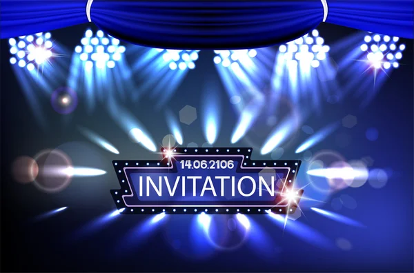 Invitation banners with retro frame, theater curtains and spotlights beams. Vector illustration — Stock Vector