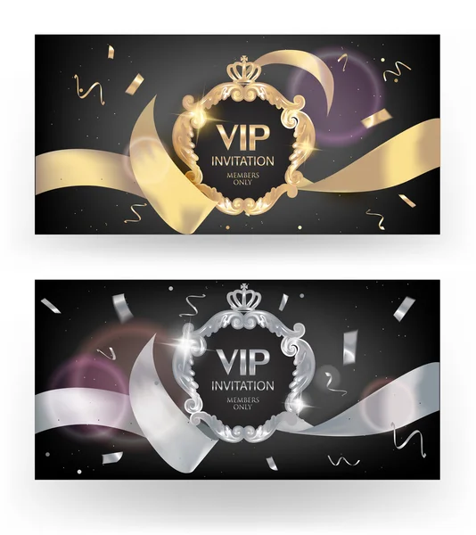 Cartes VIP élégantes avec rubans de soie, confettis et cadres vintage. Illustration vectorielle Vecteur En Vente