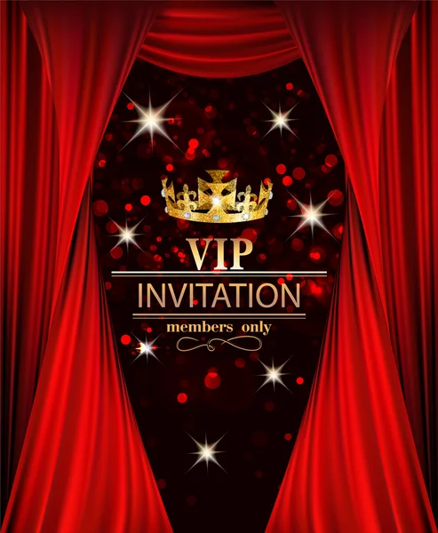 Vip Einladungsbanner mit rotem Theatervorhang und goldener Krone. Vektorillustration Stockvektor