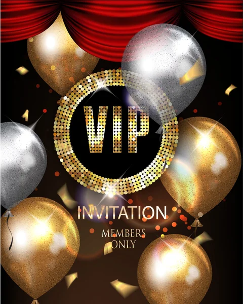 VIP invitation card with sparkling gold air balloons and confetti. Vector illustration — Stock Vector