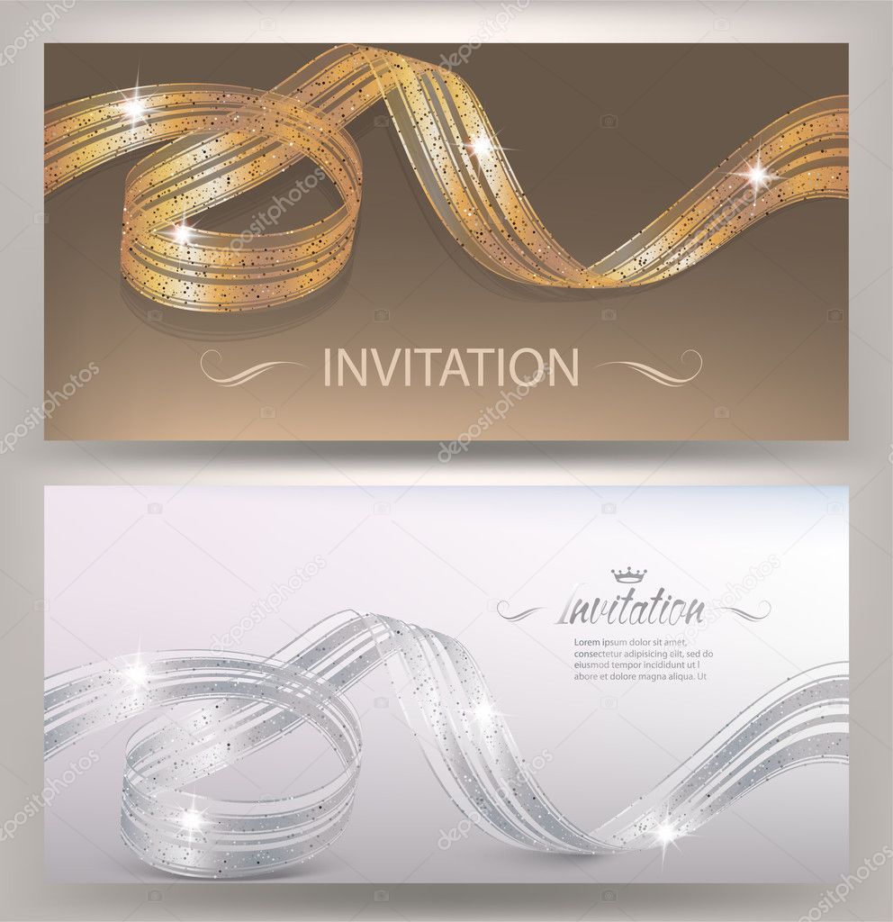 Beautiful invitation cards with transperent curled ribbons. Vector illustration