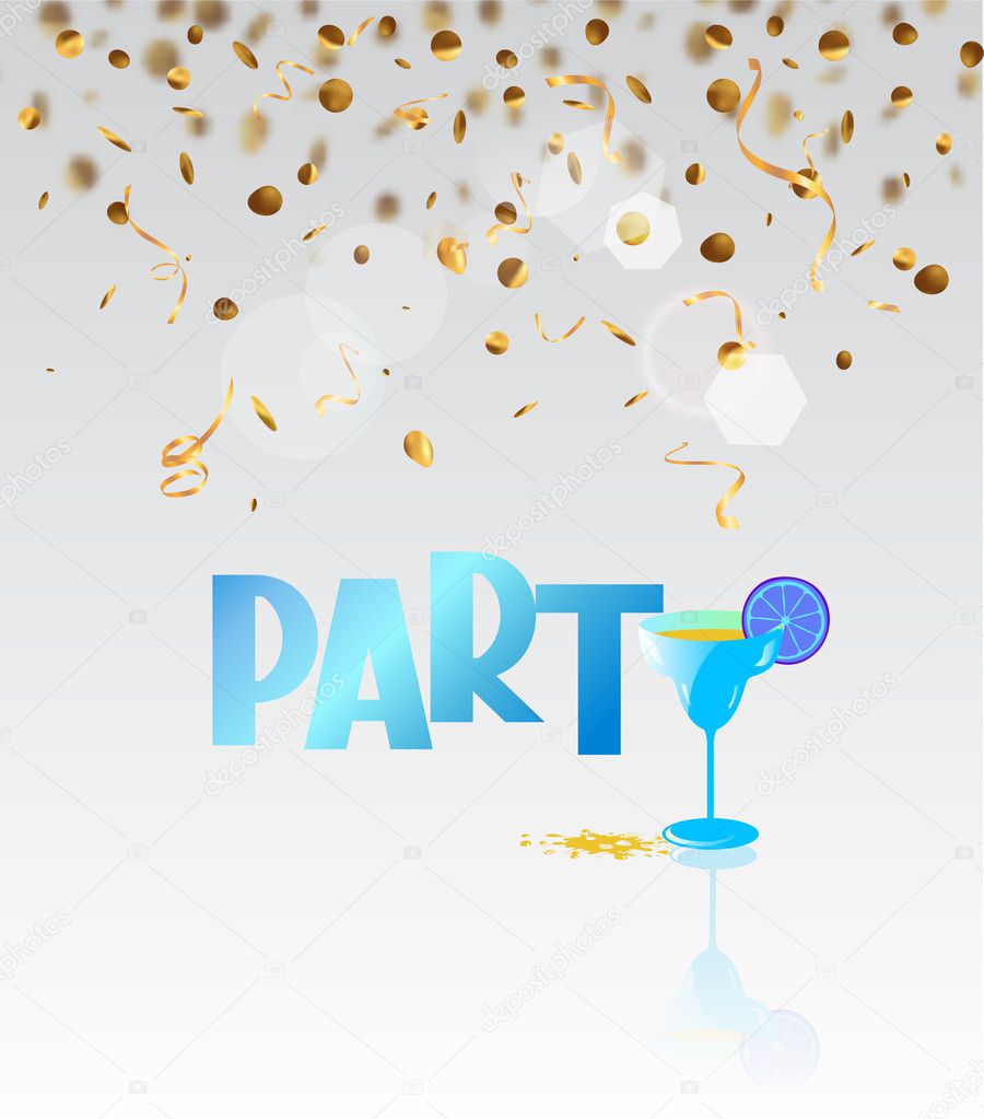 Gold shiny flying confetti. Party background. Vector illustration