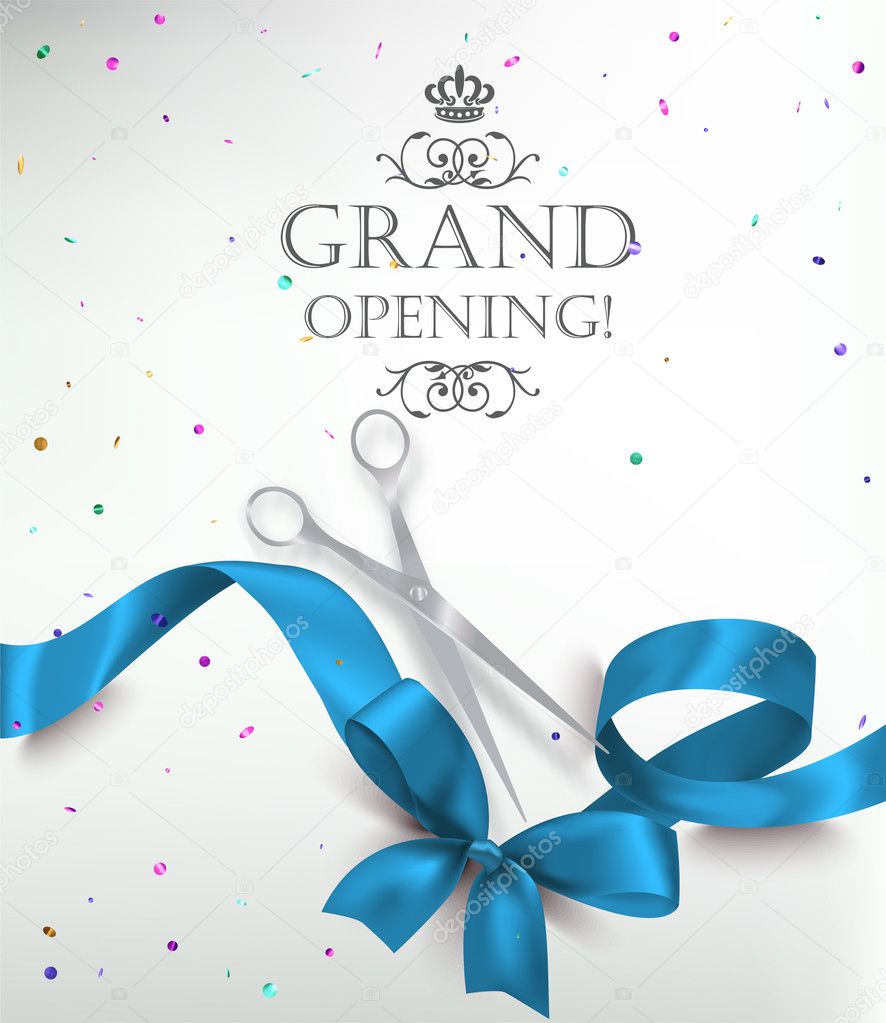 Grand opening card with realistic blue silk ribbon, scissors and colorful confetti. Vector illustration