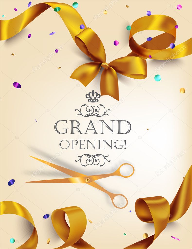 Grand opening card with realistic gold silk ribbon, scissors and colorful confetti. Vector illustration