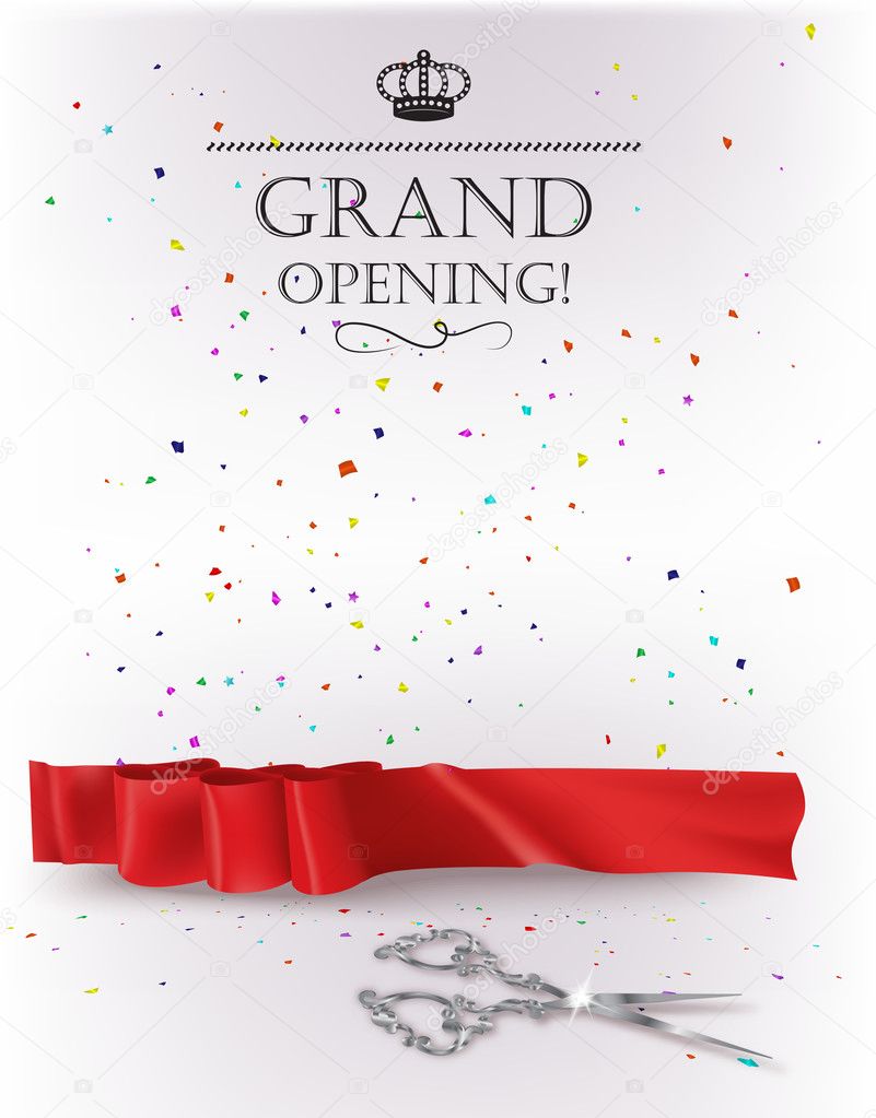 Grand opening card with red ribbon and silver scissors