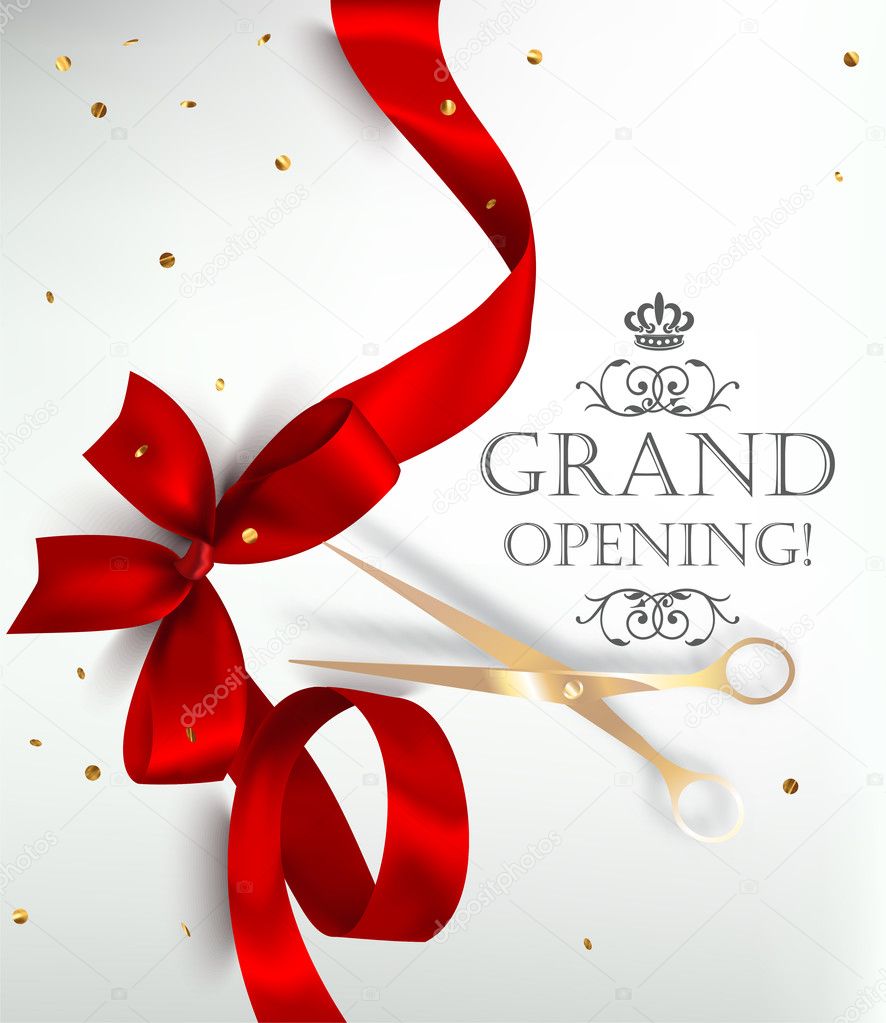 Grand opening card with silk ribbon, scissors and confetti. Vector illustration