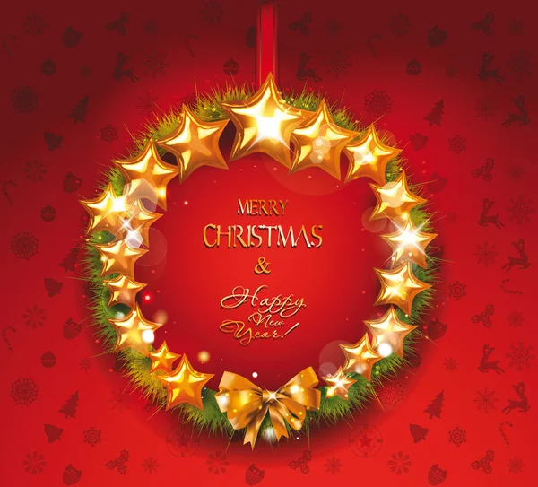Χριστούγεννα στεφάνι με χρυσά αστέρια και κλαδιών χριστουγεννιάτικο δέντρο — Διανυσματικό Αρχείο