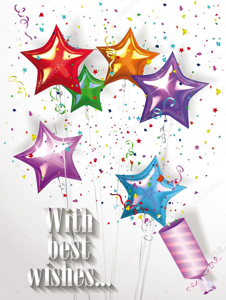 Holiday colorful background with balloons, petard and confetti