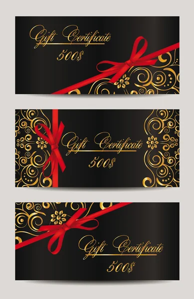 Set of elegant gift certificate with red ribbons — Stock Vector