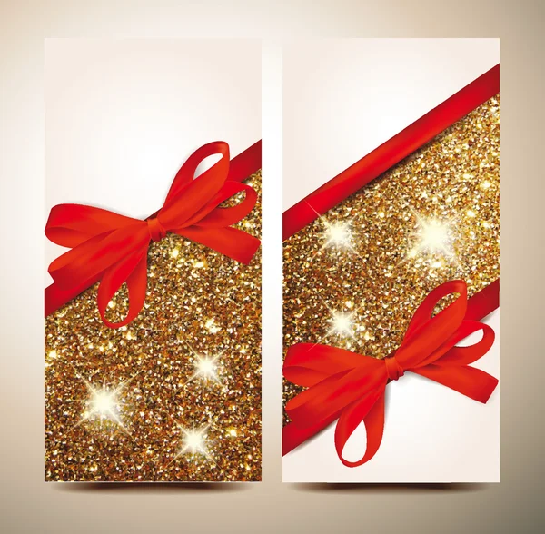 Tarjeta de regalo brillante oro con cintas de seda rojas — Archivo Imágenes Vectoriales