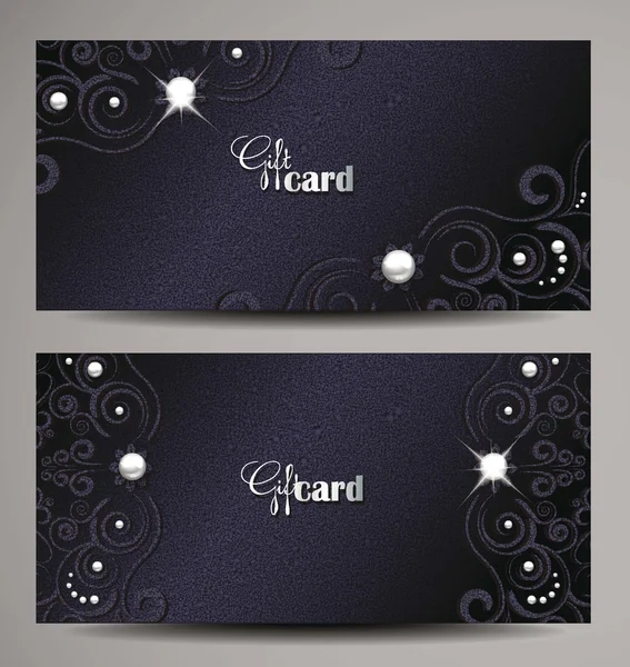 Carte regalo blu scuro elegante con elementi floreali e perle — Vettoriale Stock