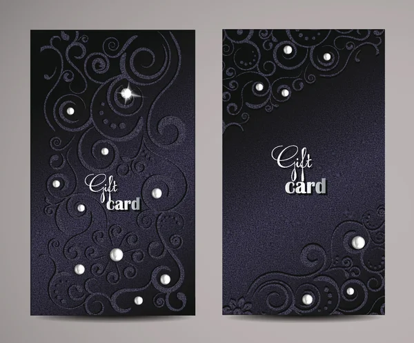 Tarjetas de regalo azul oscuro elegante con elementos florales y perlas — Vector de stock