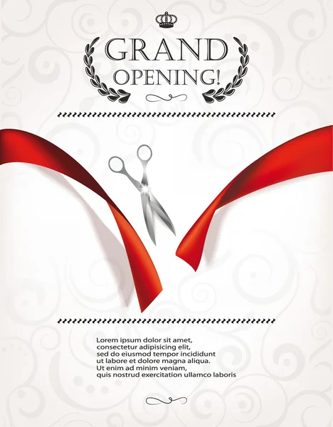 Grand opening invitation card with scissors and red ribbon — Stock Vector