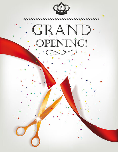 Grand opening invitation card with scissors and red ribbon