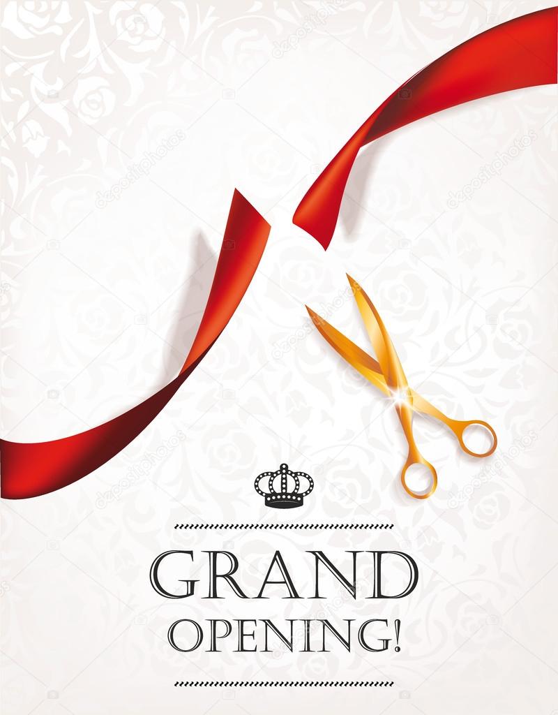 Grand opening invitation card with scissors and red ribbon