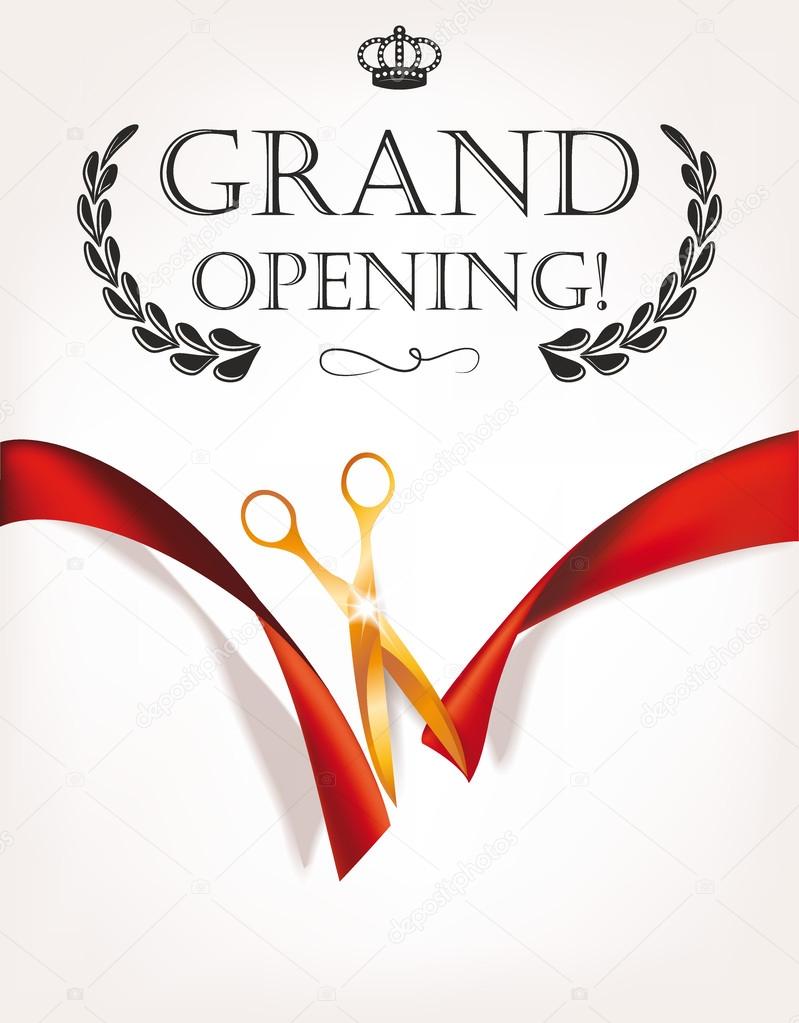 Grand opening invitation card with scissors and red ribbon Stock