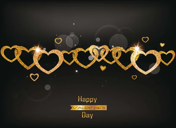 Holiday valentine's card with textured gold hearts on the dark background — Stock Vector