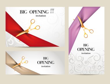Set of big opening invitation cards with ribbons and scissors clipart