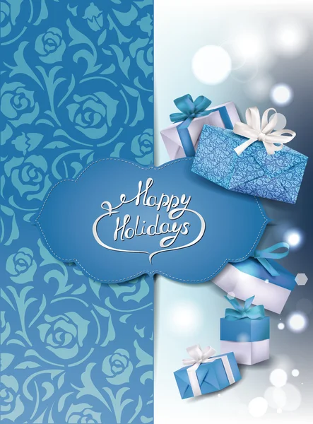 Blaue Ferien glänzendem Hintergrund mit Geschenkboxen — Stockvektor