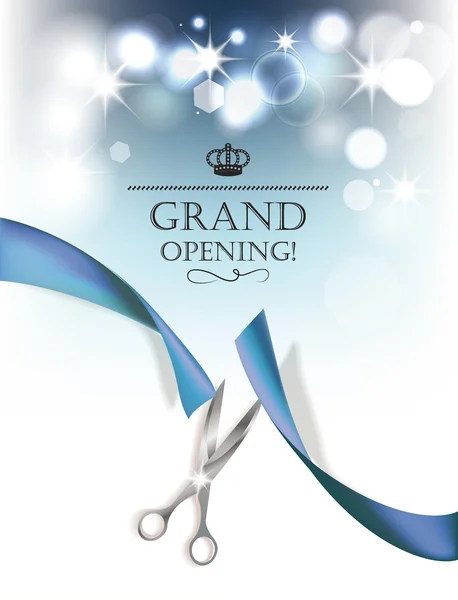 Grand opening background with blue ribbon and silver scissors — Stock Vector