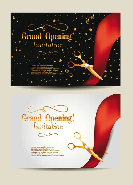 Grand opening invitation cards with confetti and gold scissors — Stock Vector